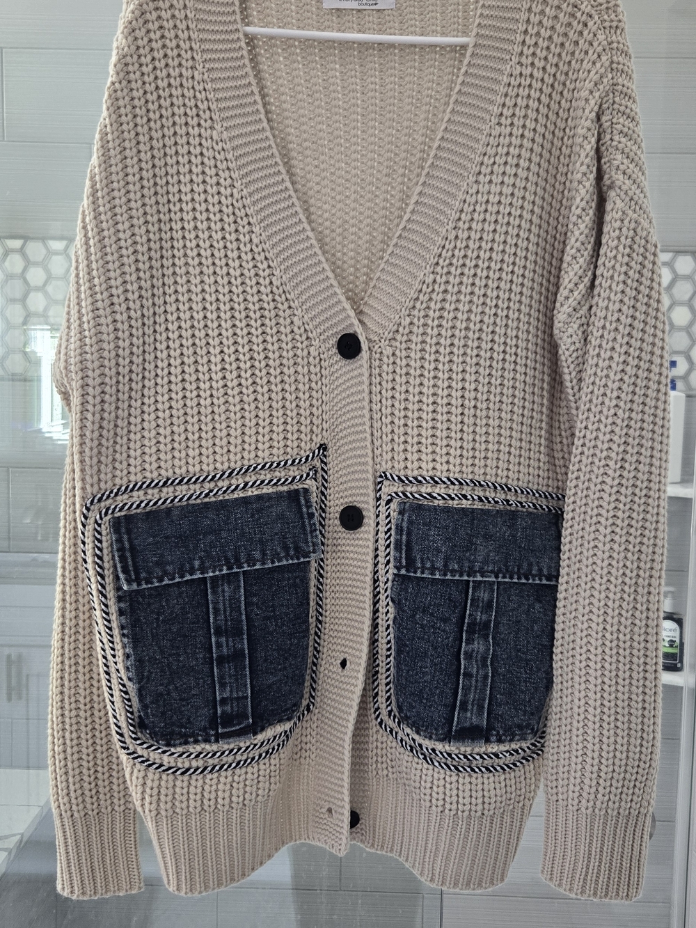 Beige Knit Cardigan with Dark Denim Patch Pockets